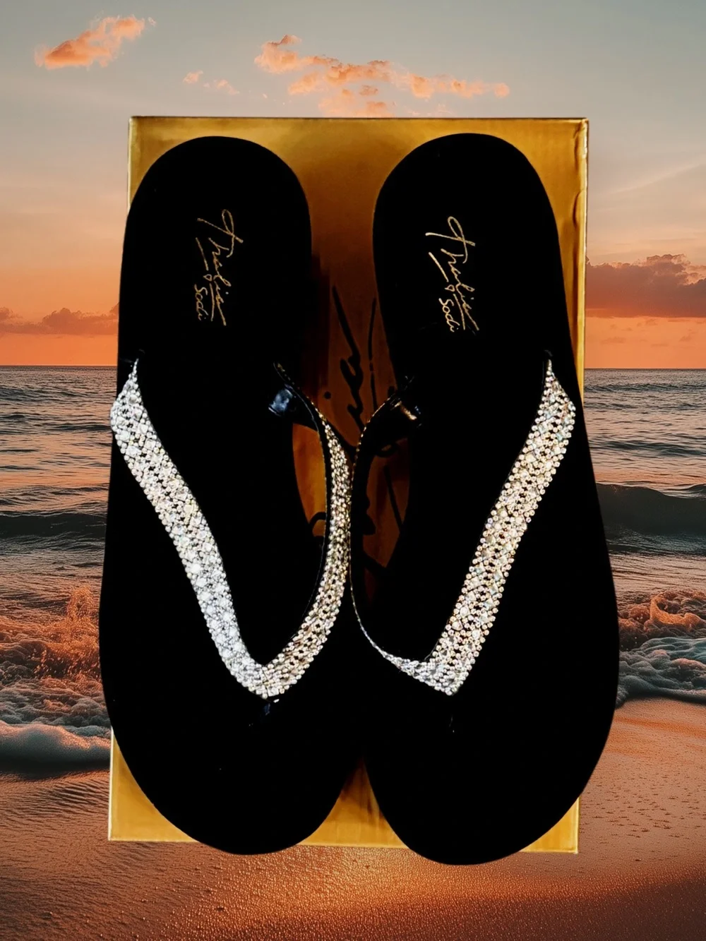 Thalia Sodi Black Wedge Flip Flop with Rhinestone Strap NIB size 10